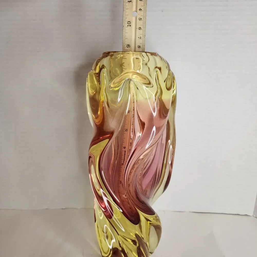 Vintage Hand Made Bohemia Glass Czech Republic Twisted Glass Vase Amber/Pink